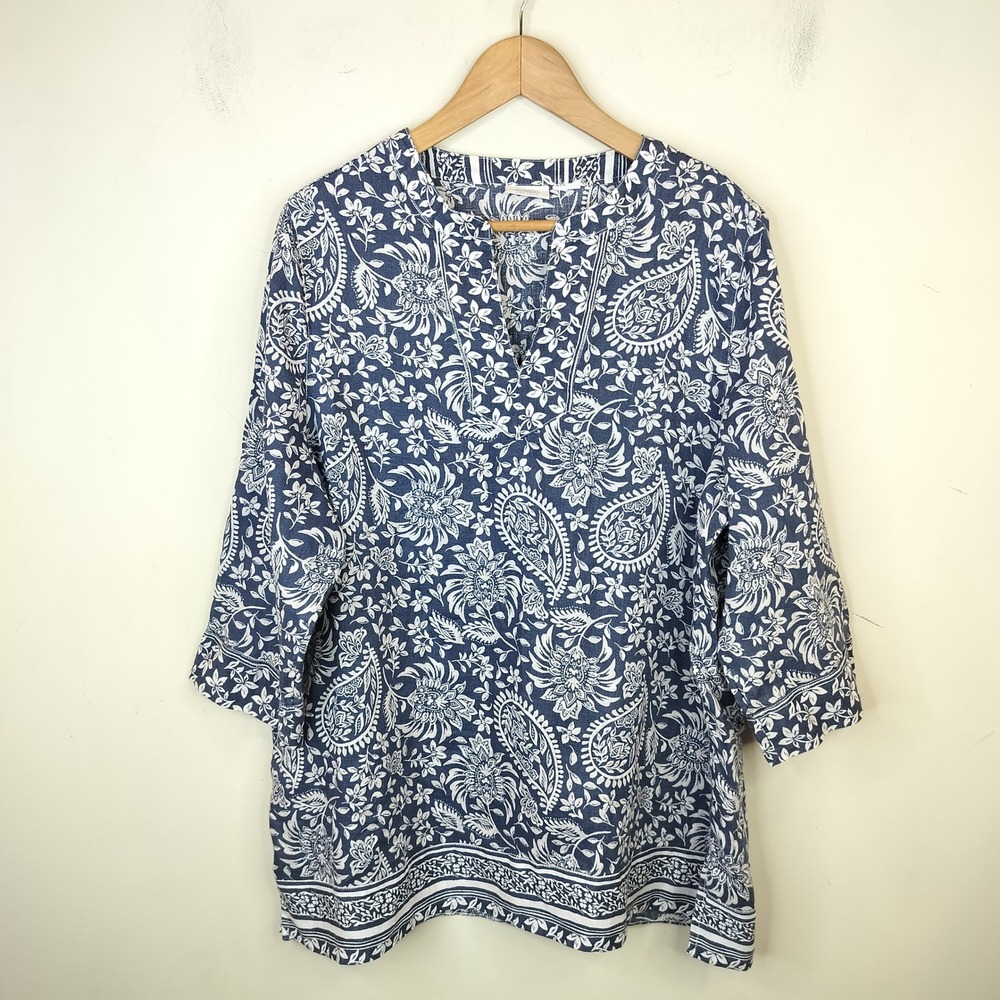Sigrid Olsen Paisley Linen Tunic Top 2X Plus Navy Blue White Floral